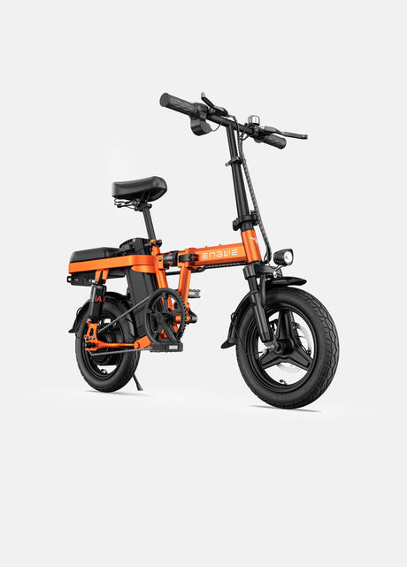 an orange engwe t14 foldable bicycle