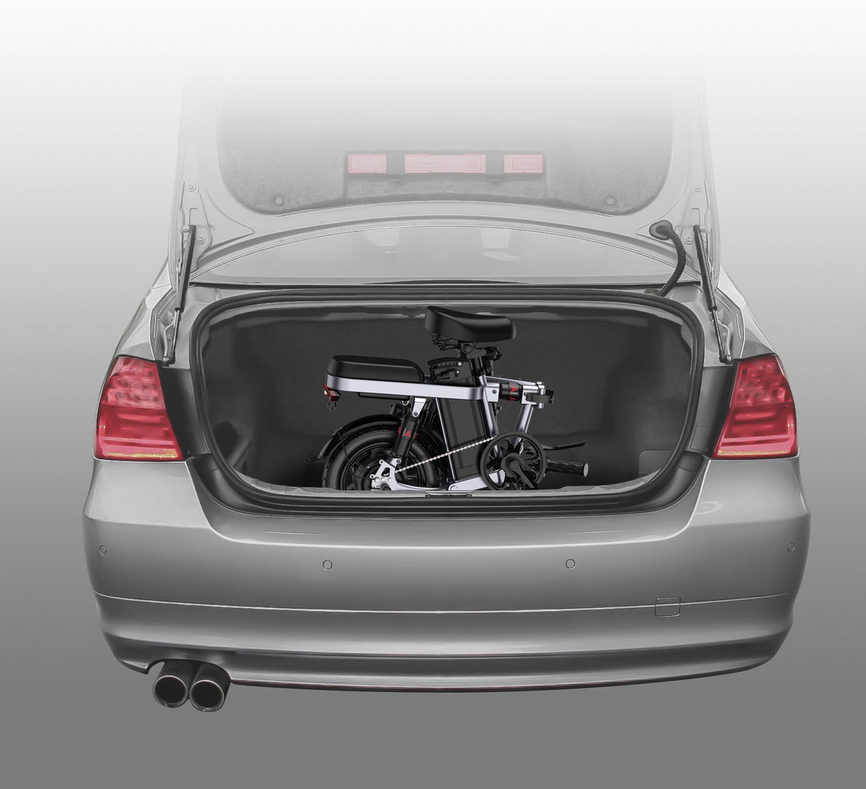 a folded engwe t14 electric bike in the trunk of a car